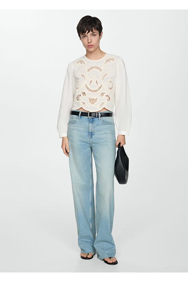 İşlemeli kabarık kollu bluz - 2