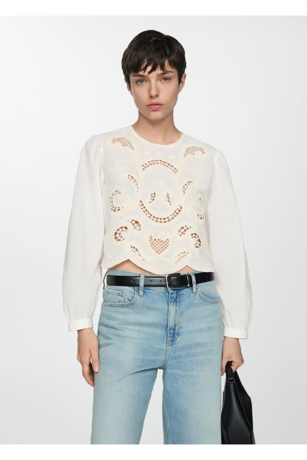 İşlemeli kabarık kollu bluz - 1