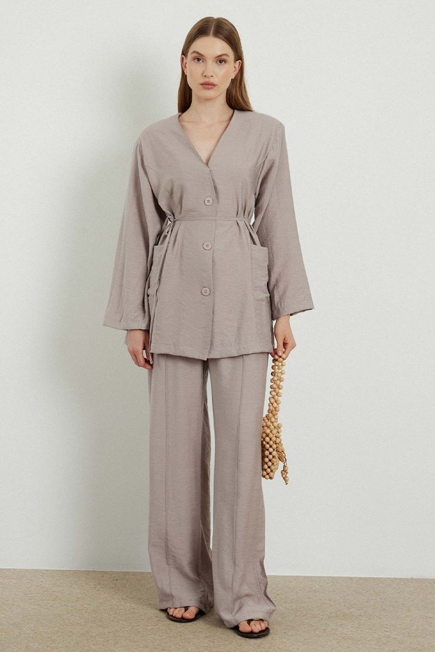 Stone Colored Button Detailed Trousers Set