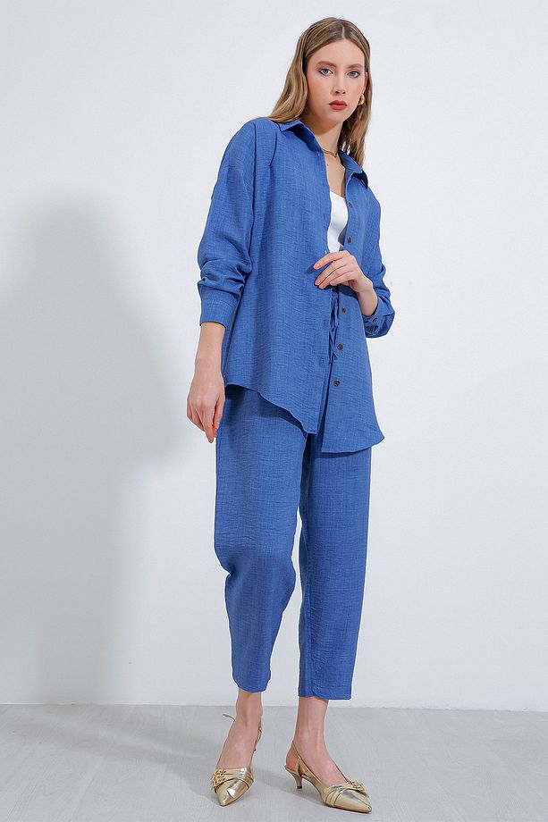 Kadın İndigo Oversize Keten Alt Üst Takım 6622 - 1
