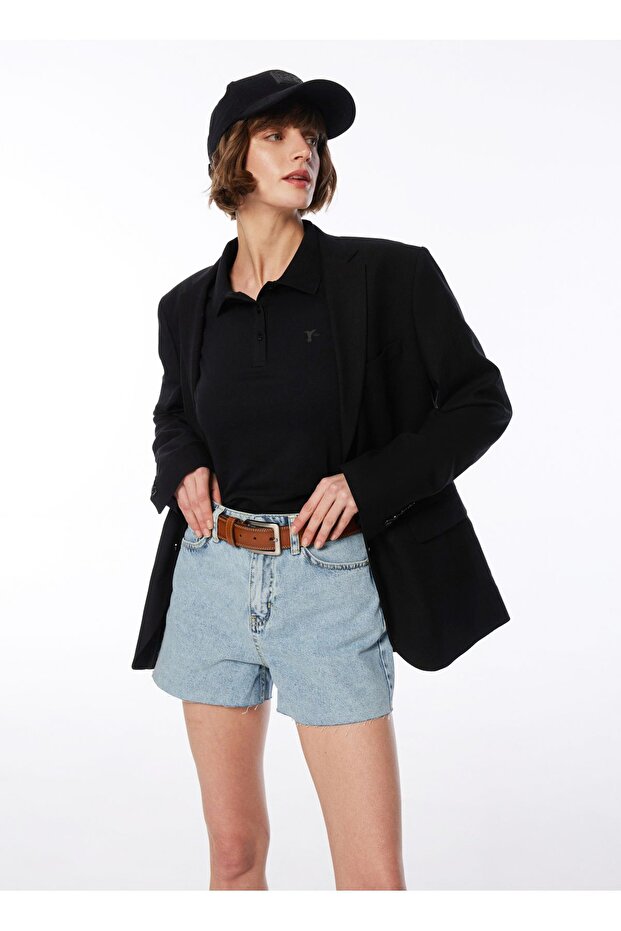 Siyah Kadın Polo Yaka Basic T-Shirt DEEP - 2