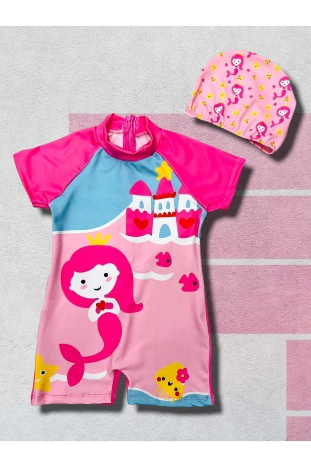 Short Sleeve Full Body Girls and Baby Swimsuit Cap Set - Beach Sea Clothing