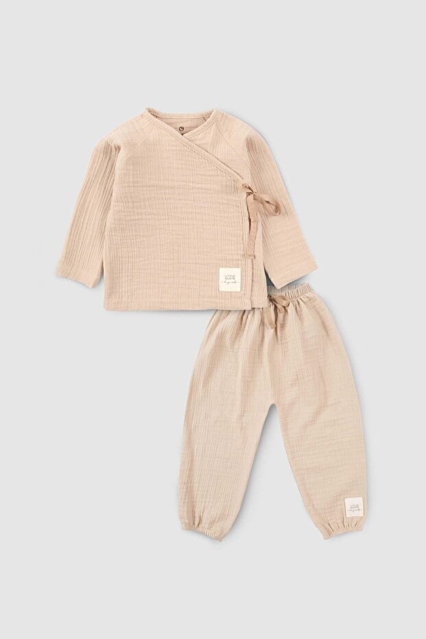 Organic Cotton Muslin Double Breasted Baby Set Beige