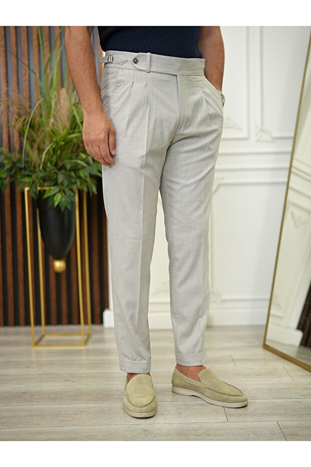 Light Gray Italian Style Slim Fit Pleated Buckle Fabric Trousers