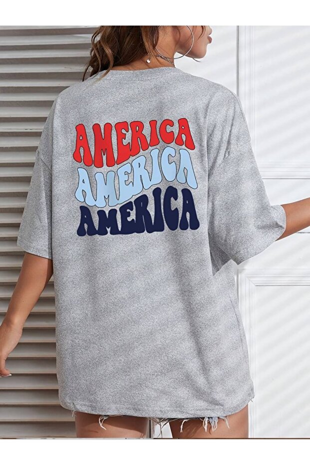 Women's Gray America Printed Oversize T-Shirt