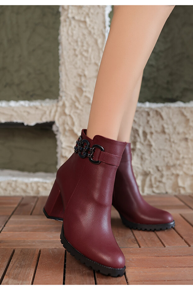 Bordo Fermuarlı Kadın Bot - 1