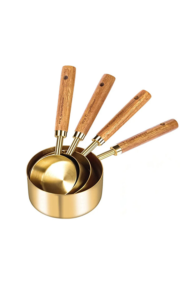 Set of 4 Gold Luxury Measuring Spoons with Wooden Handle - Measuring Cup