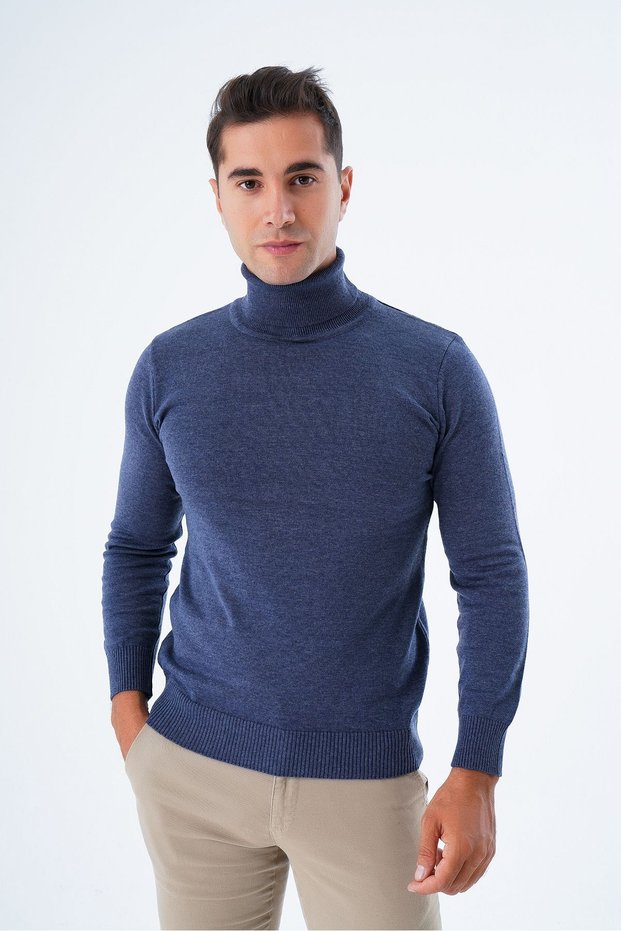 Men's Melange Indigo 100% Cotton Turtleneck Knitwear Sweater Trist-1105