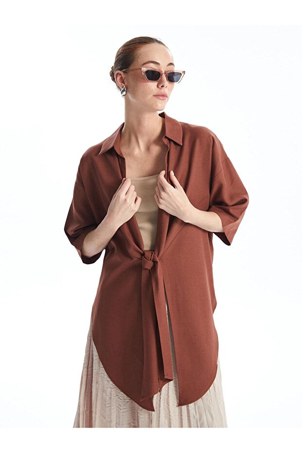 Lcwaikiki Classic Tile Shawl Collar Plain Oversize Linen Blend Women's Kimono (S4)