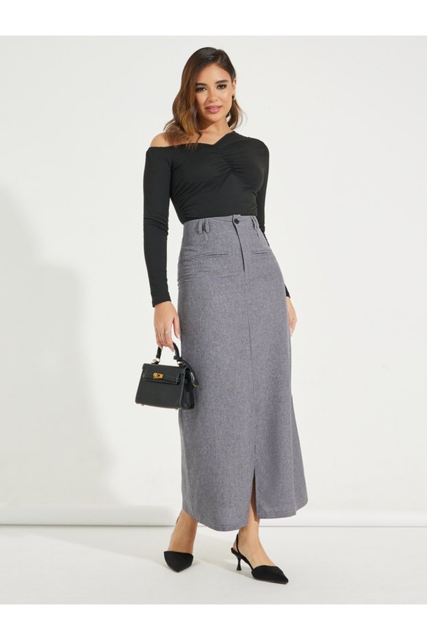 Solid Maxi Skirt with Front Slit & Pockets
