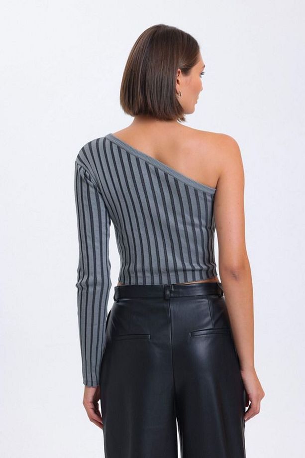 Çizgili Tek Omuzlu Fitilli Örme Crop Bluz - 3