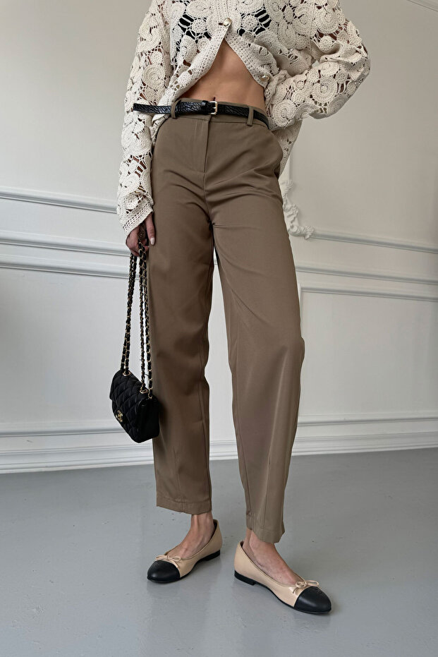 Wide Leg and Belted Trousers - Khaki