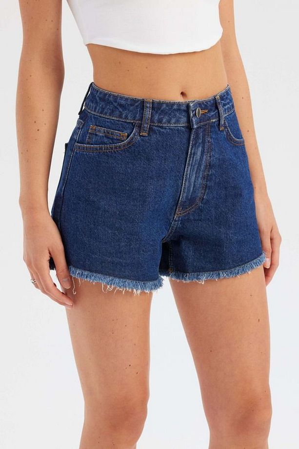 Koyu Renk Yüksek Bel Denim Şort - 2