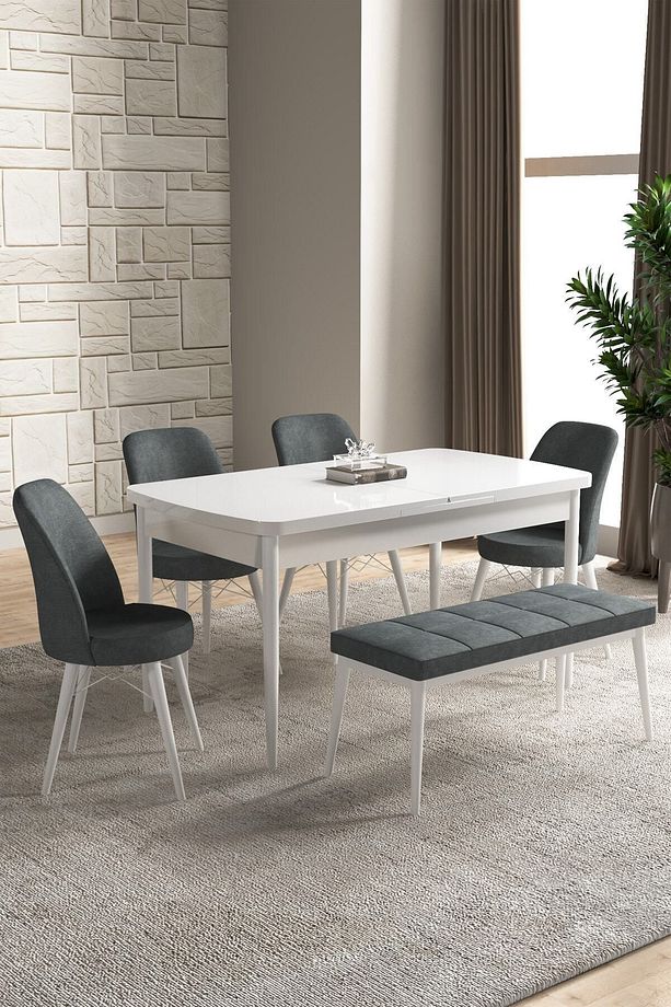 Dexa Serisi, 80x130 Açılabilir Mdf Beyaz Mutfak Masa Takımı, 4 Sandalye, 1 Bench - 1