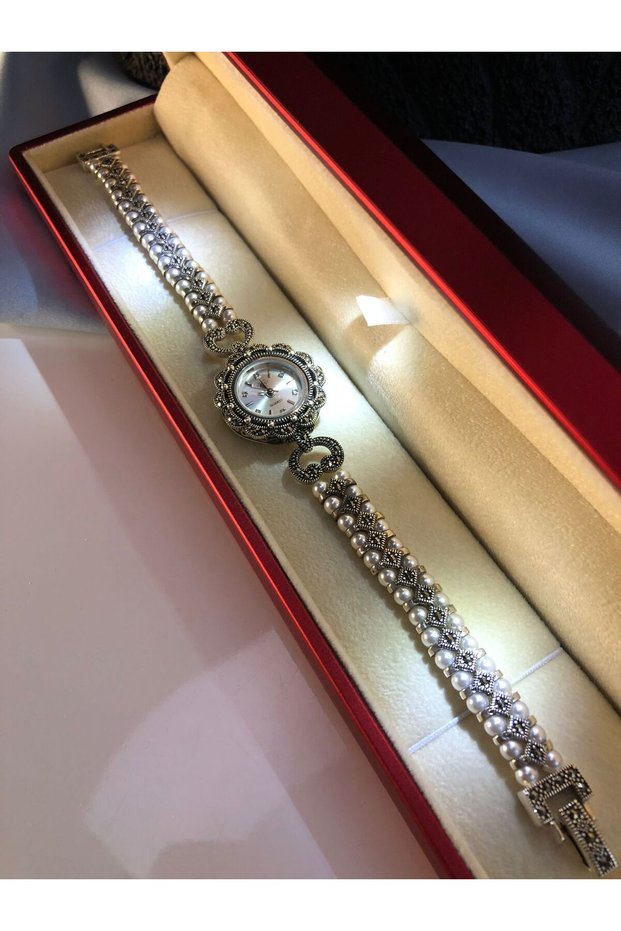 Women's Silver Watch - Linda Pearl and Marcasite Stone Detailed, Gift Watch for Lover or Spouse