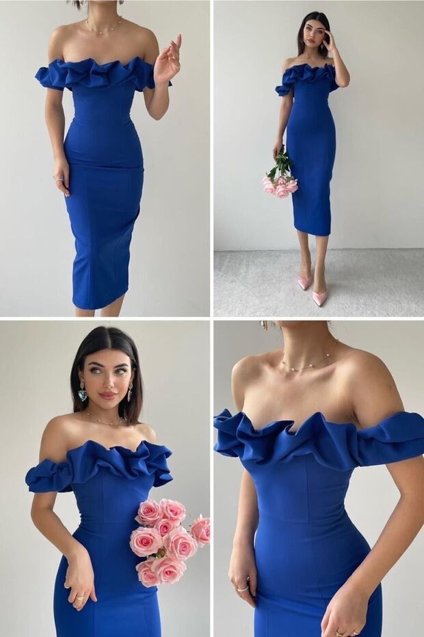 Women's Sax Blue Pencil Dress with Flounce Collar