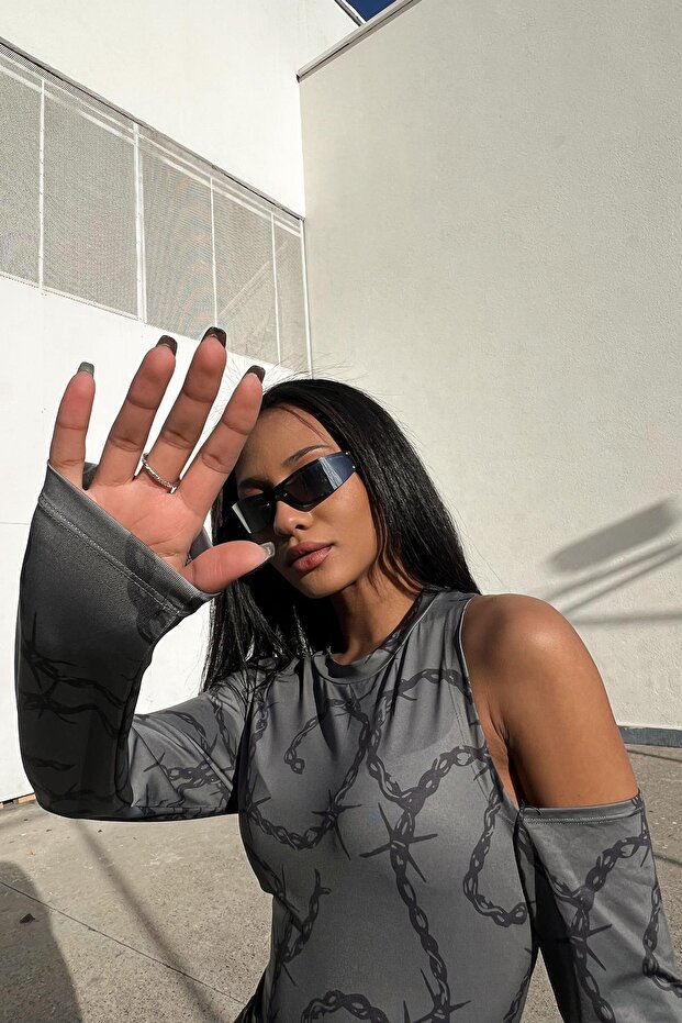 Barbed Pattern Gri Bluz - 3