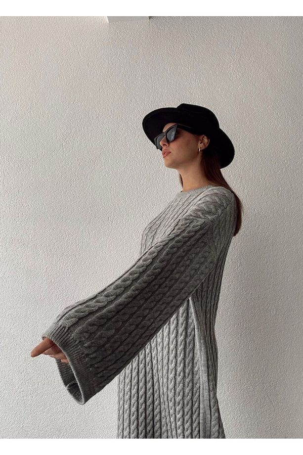 Kadın Gri Saç Örgüsü Detaylı Triko Elbise - L/xl Uyumlu - 5