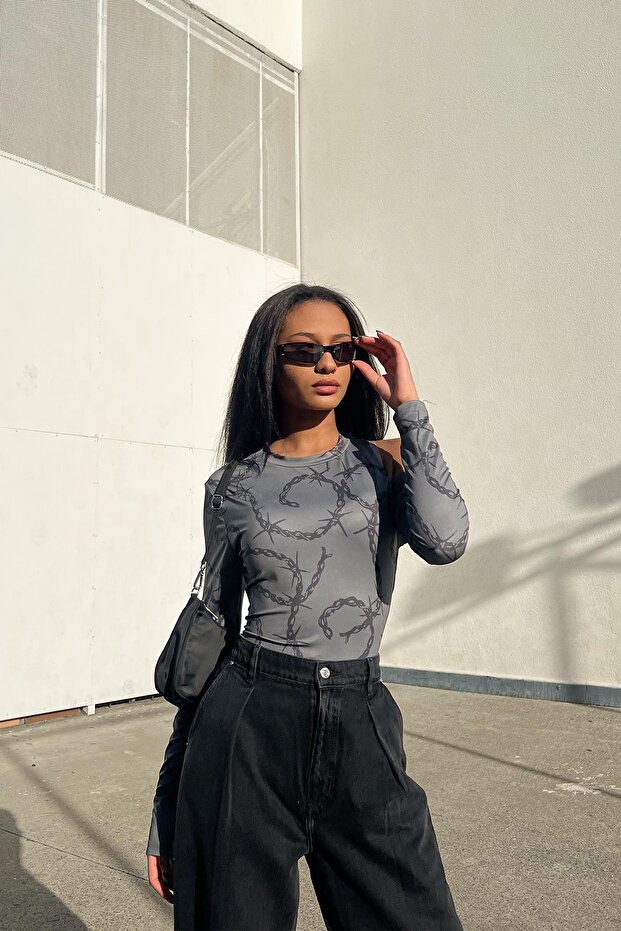 Barbed Pattern Gri Bluz - 1