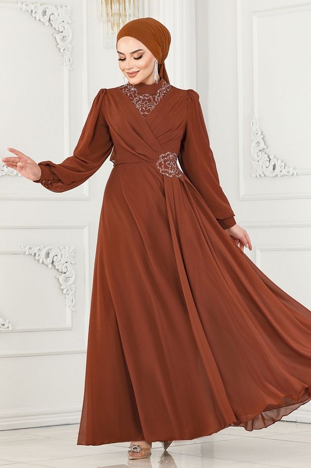 Taş Detay Şifon Abiye 52882ALM181 Taba - 2