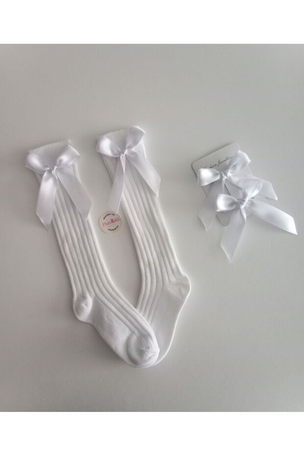 Girl's Cotton Knee Socks - Buckle Set, with Ribbon and Accessories