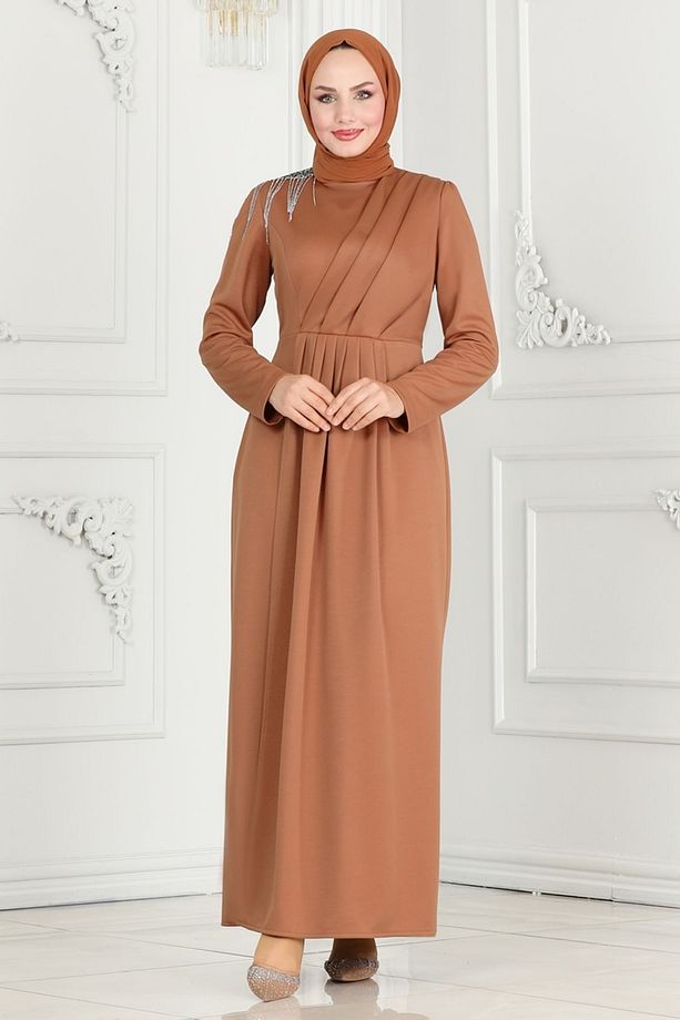 Drape Taş Detaylı Abiye 3018KTR750 Taba - 2