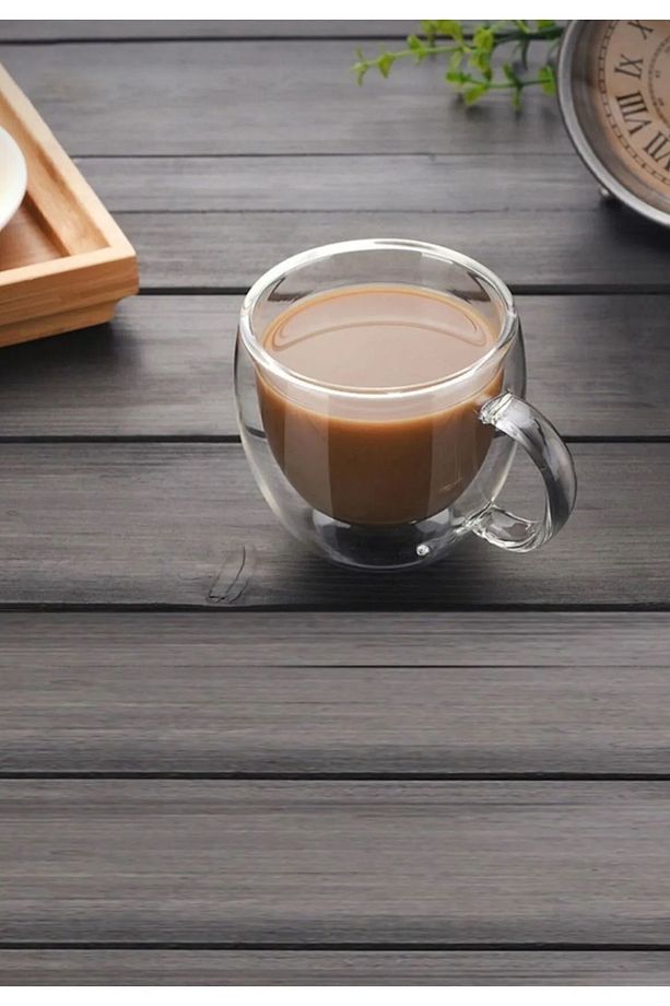 Çift Camlı Çift Cidarlı Cam Kupa Ev Ofis Fincanı 250 ml Espresso Isı Yalıtımlı Kulplu Cam Bardak - 1