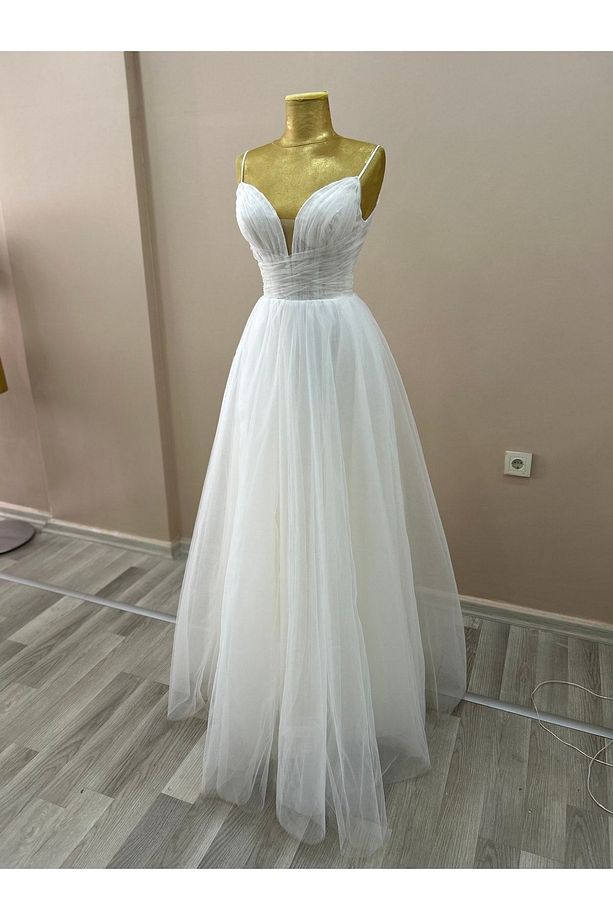 Helen Model Drapeli Ve Fransız Dantel Kaplama, Askılı Krem Renk Gelinlik, Nikah Elbisesi - 1