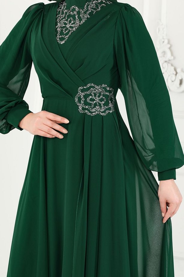 Taş Detay Şifon Abiye 52882ALM181 Zümrüt - 4