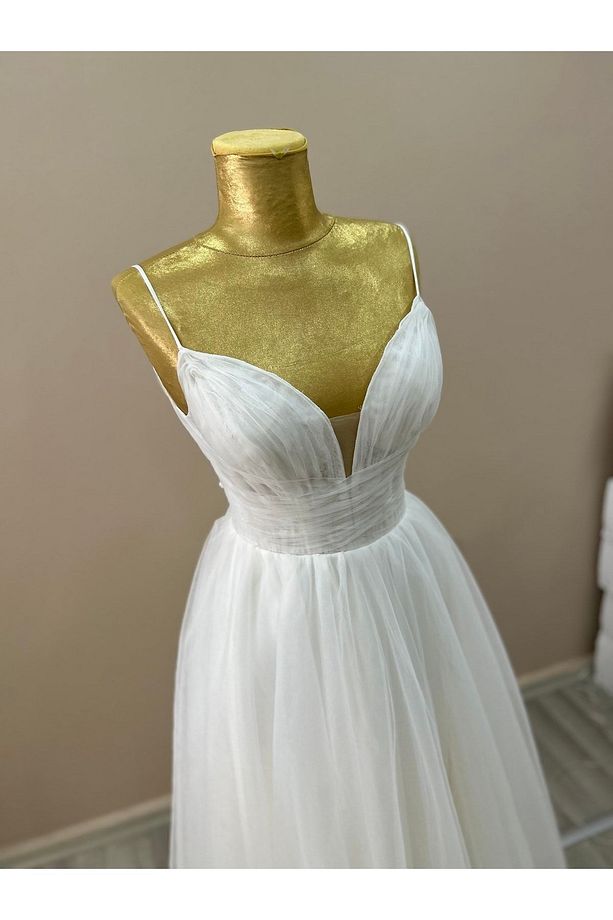 Helen Model Drapeli Ve Fransız Dantel Kaplama, Askılı Krem Renk Gelinlik, Nikah Elbisesi - 3