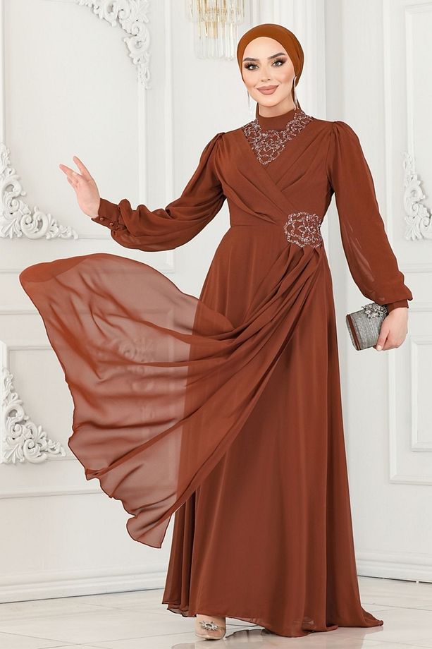 Taş Detay Şifon Abiye 52882ALM181 Taba - 1