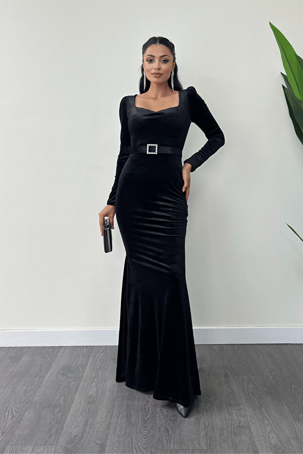 Velvet Fabric Heart Collar Fishnet Dress - Black