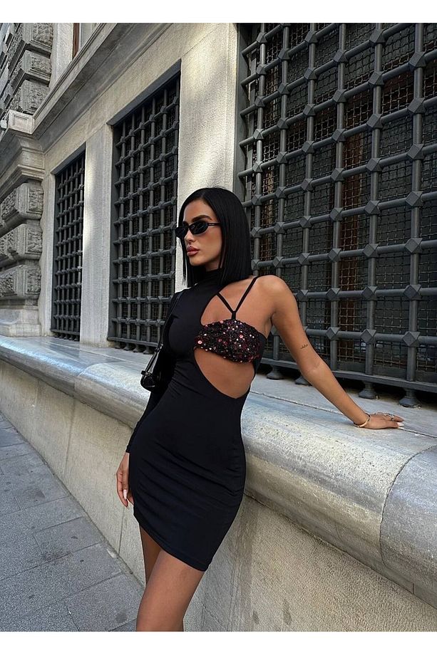 Göğsü Pul Payet Tek Kol Dekolte Mini Elbise - 2