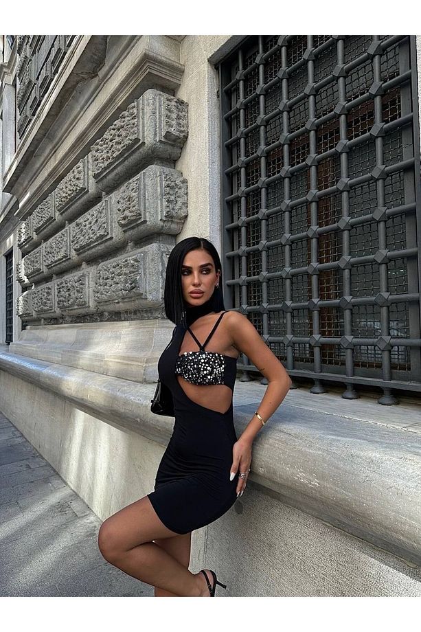 Göğsü Pul Payet Tek Kol Dekolte Mini Elbise - 5