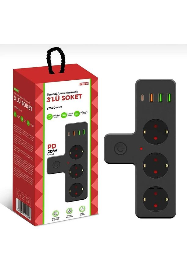 RONVA 3'lü Termal Akım Korumalı Priz 3xUSB 1xType-C 20W PD Giriş - 3