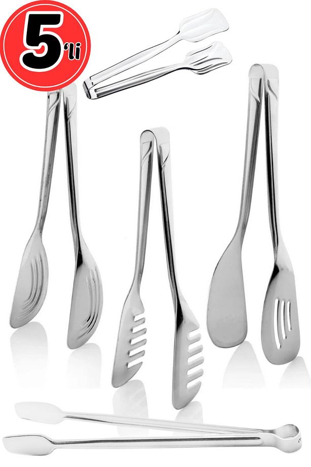 Paslanmaz Çelik Lüx 5'lİ Maşa Servis Seti Pasta, salata, makarna, ızgara, şekerlik  Maşa Servis Seti - 1