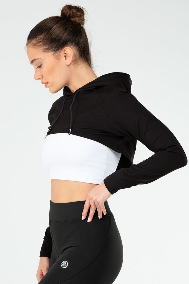 Siyah Regular Dalgıç Kumaş Kapüşonlu Crop Kadın Sweatshirt Sc1189 - 3