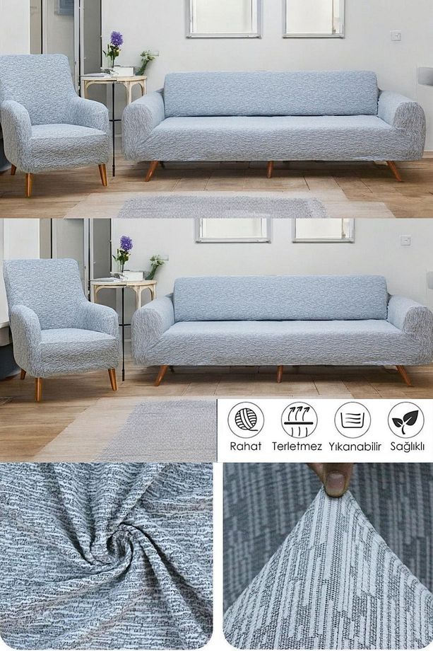 Jakarlı Düz Desen 3 3 1 1 Lastikli Koltuk Örtüsü Takımı Kanepe Çekyat Örtüsü Koltuk Kılıfı Gri - 1