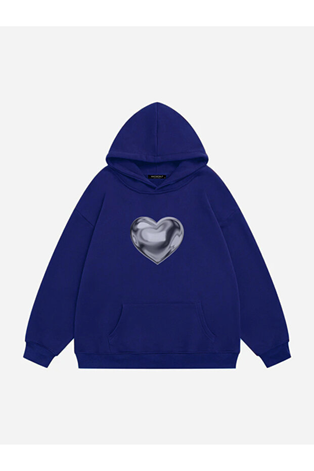 Unisex Silver Chrome Heart Printed Hooded Fleece Oversized Sweatshirt