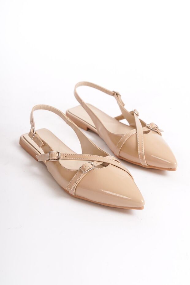 Beige Patent Leather Pointed Toe Buckle Flat Women's Sandals Ballerinas