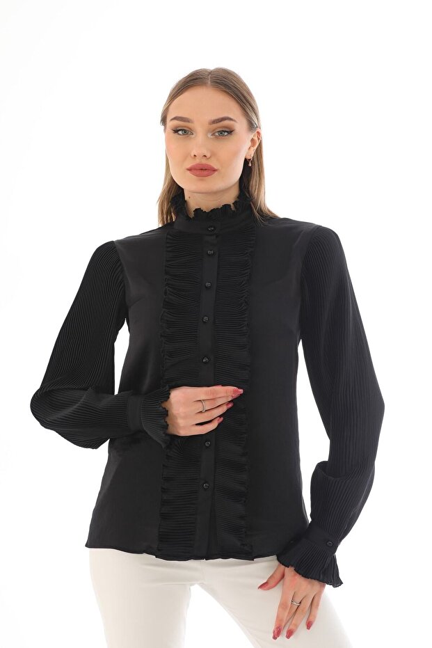 Women's Plus Size Pleat Detailed Pearl Button Crepe Shirt