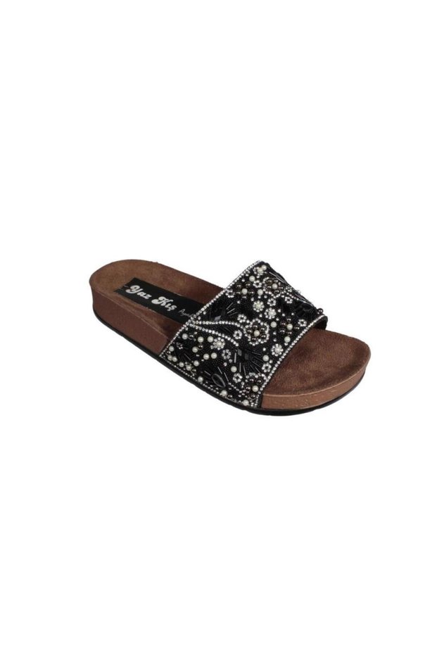 Yazkiş Women's Black Platinum Glittery Flat Sole Slippers with Stones