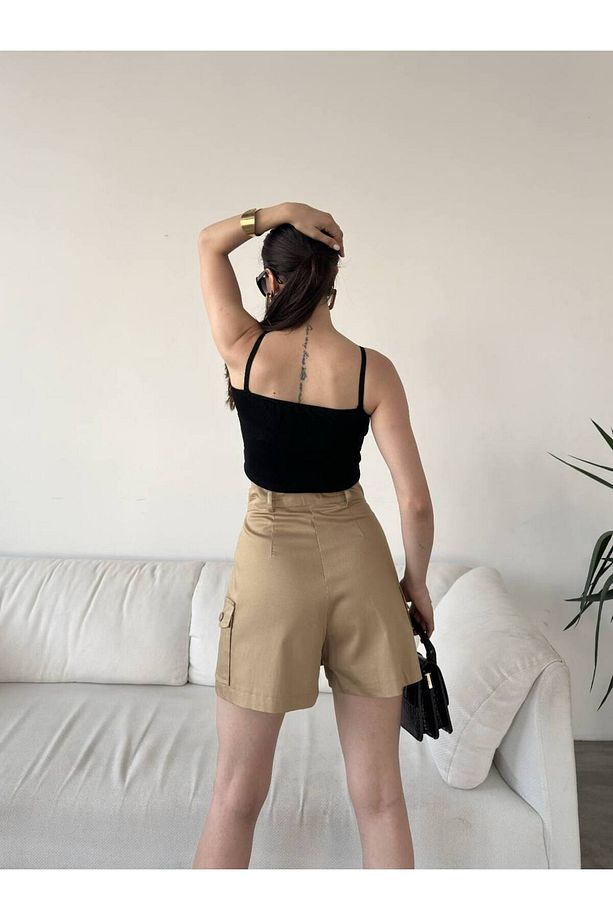 Yüksek Bel Cep Detaylı Gabardin Şort Etek - 3
