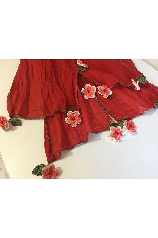 Tığ Işi Pamuklu Fular 50x1.80cm Yırtmaçlı Model - 3