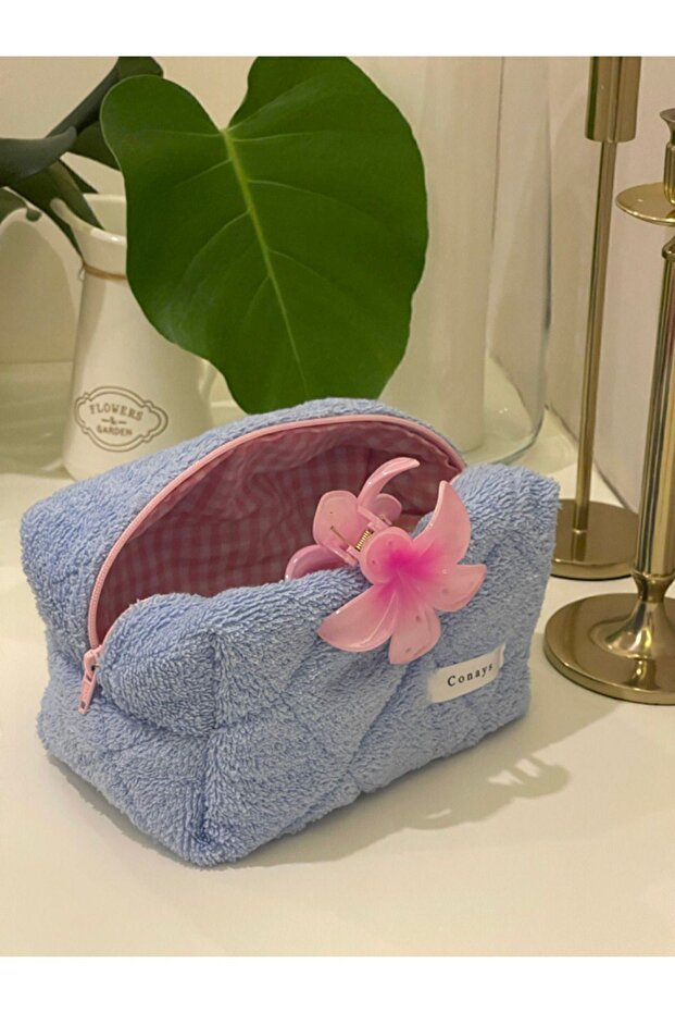 Blue Towel Fabric - Cosmetic Makeup Bag, Super Size 22x10x13