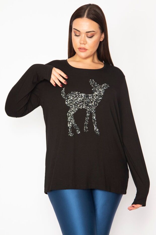 Women's Large Size Black Sequin Detailed Tunic 65n29443