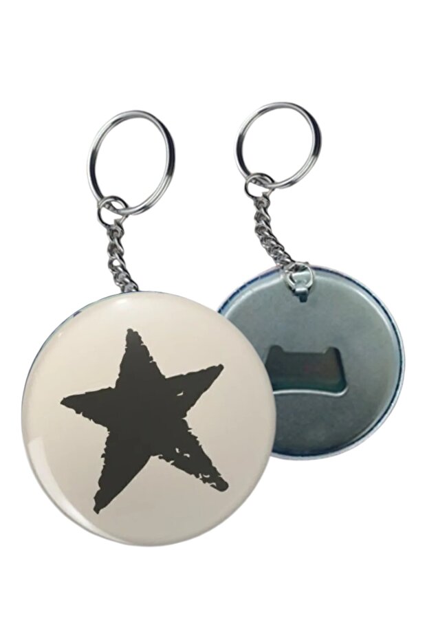 Y2K Grunge Style Anthracite Beige Star Themed Keychain with Opener