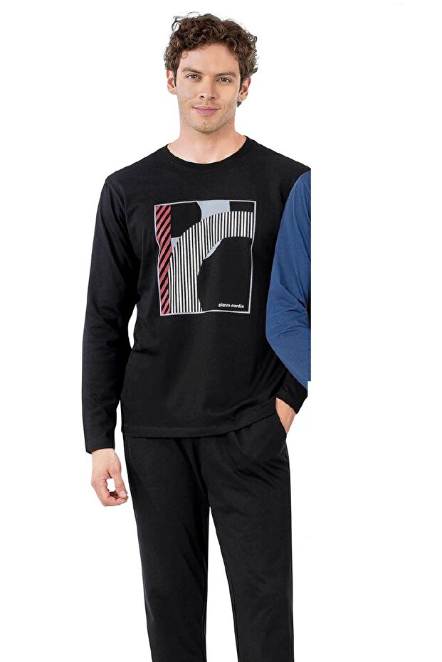 6060 Men's Black Long Sleeve Round Neck Pajama Set
