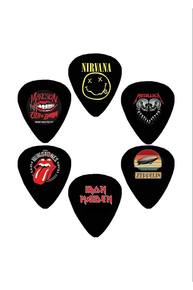 cantekin Gitar Pena 6 Adet Nirvana Metallica IronMaiden RollingStones Måneskin Zeppelin Çift Taraflı Baskılı
