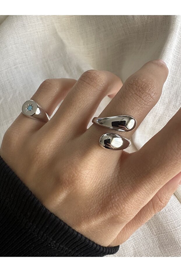 خاتم حلزوني برأس دائري فضي اللون قابل للتعديل - 3